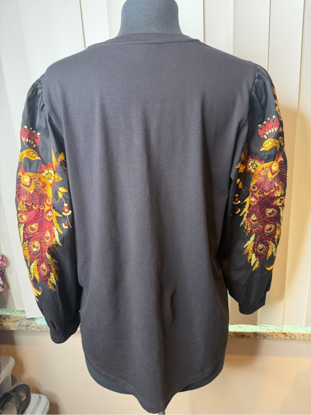 Chico's black long-sleeve top featuring intricate peacock embroidery Size Large - Picture 8 of 10